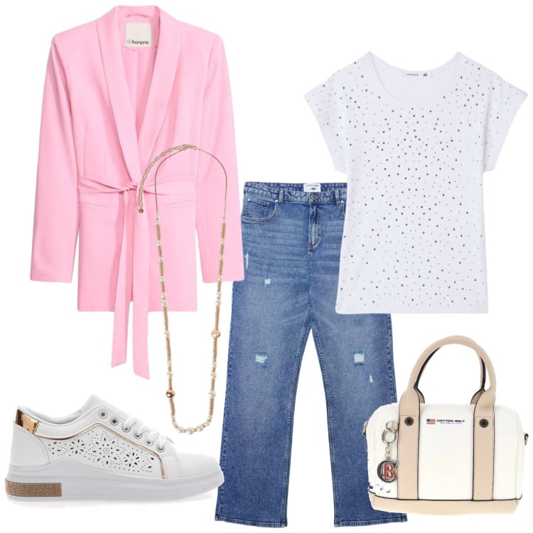 Outfit donna - Total look #2393639. Stile Casual per Ufficio. Abbinamento con blazer, t-shirt, jeans strappati, collane, sneakers, borse a mano.
