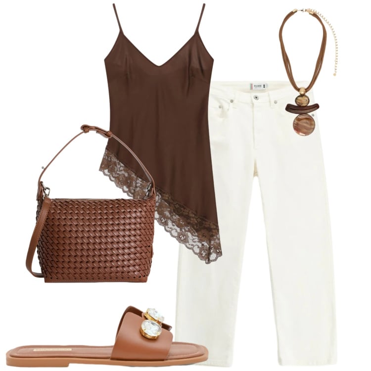 Outfit donna - City. Stile Casual chic per Tutti i giorni. Abbinamento con borse a spalla, pantaloni, top, sandali gioiello, ciondoli.