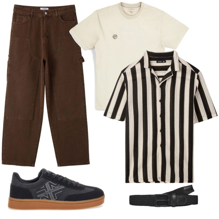 Outfit uomo - 14. American football. Stile Urban per Tutti i giorni. Abbinamento con camicie a manica corta, cinture, pantaloni, sneakers, t-shirt.