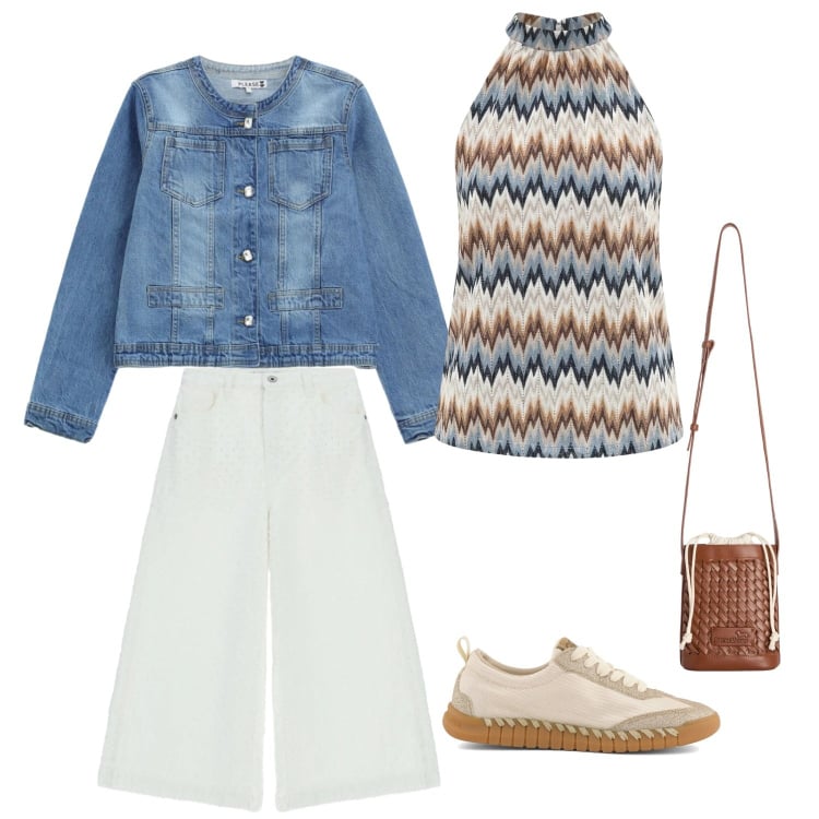 Outfit donna - Aperitivo con le amiche. Stile Sporty chic per Serata fuori. Abbinamento con borse a secchiello, blazer, pantaloni a palazzo, canottiere, sneakers.