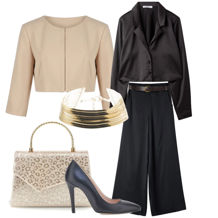 Outfit donna - Idea easy per evento last minute. Stile Chic per Serata fuori. Abbinamento con camicie, pantaloni, bolero, braccialetti, décolleté, pochette.