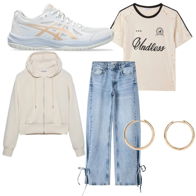 Outfit donna - Just a normal day. Stile Casual per Scuola/Università. Abbinamento con orecchini, felpe con cappuccio, t-shirt, jeans, scarpe sportive.