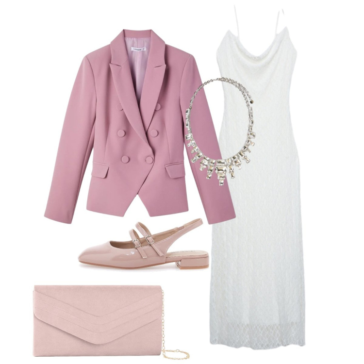 Outfit donna - Testimone di Nozze. Stile Glamour per Cerimonia. Abbinamento con pochette, vestiti lunghi, blazer, collane, ballerine.