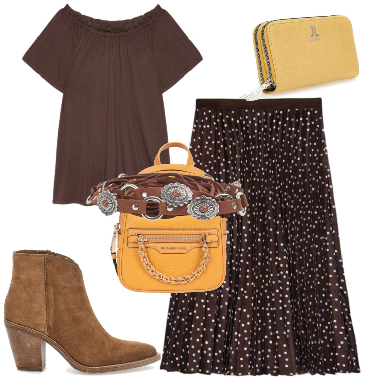 Outfit donna - Fiorella Rubino. Stile Casual chic per Tutti i giorni. Abbinamento con zaini, cinture, gonne lunghe, t-shirt, portafogli, stivaletti.
