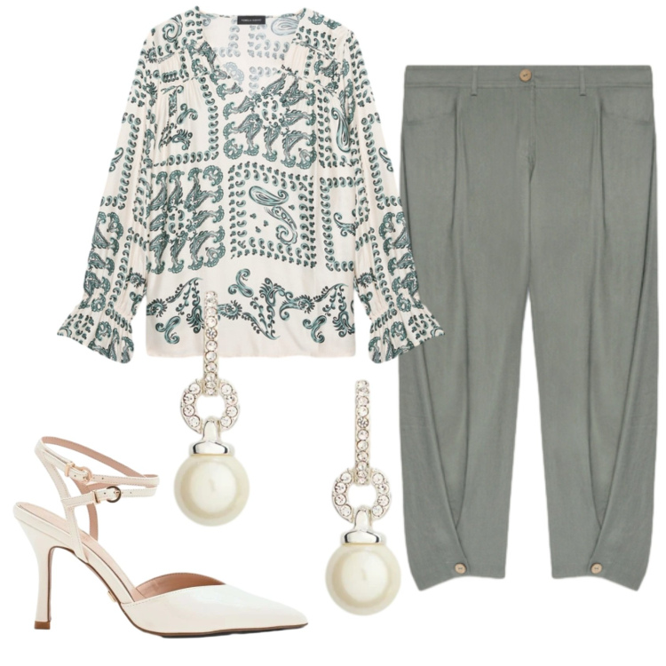 Outfit donna - Total look #2393665. Stile Trendy per Cerimonia. Abbinamento con bluse, pantaloni, décolleté, orecchini.
