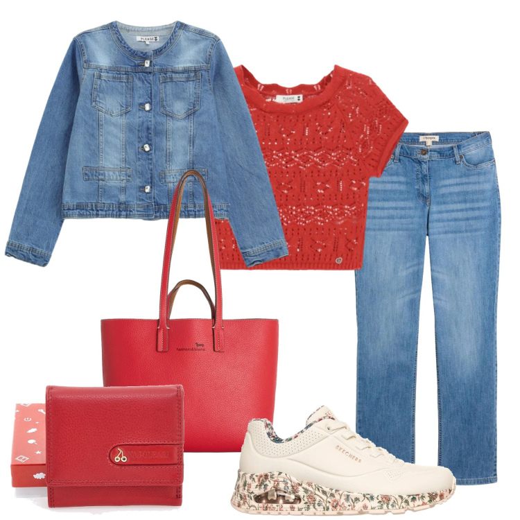 Outfit donna - Le sneakers a fiori. Stile Casual chic per Tutti i giorni. Abbinamento con jeans dritti, top, blazer, shopping bag, sneakers alte, portafogli.