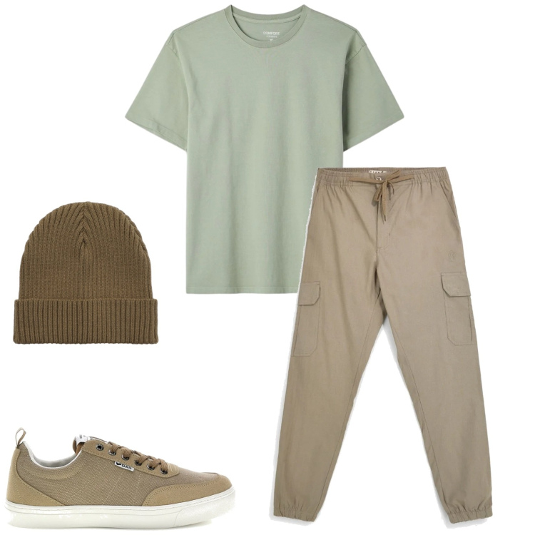 Outfit uomo - Total look #2393669. Stile Casual per Sport. Abbinamento con berretti, t-shirt, sneakers, pantaloni cargo.