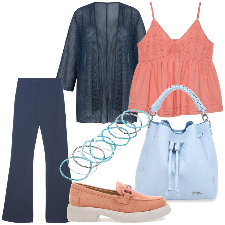 Outfit donna - Cardigan over. Stile Casual per Tutti i giorni. Abbinamento con braccialetti, pantaloni, canottiere, blazer, mocassini, borse a secchiello.