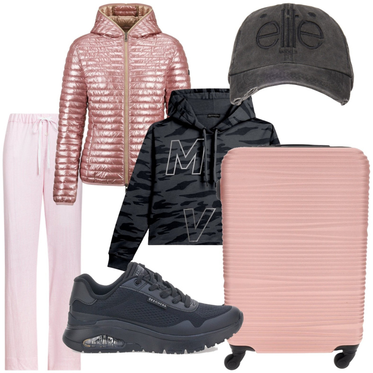 Outfit donna - Weekend lungo. Stile Casual per Tutti i giorni. Abbinamento con felpe, cappelli, piumini, pantaloni, sneakers, valigie.