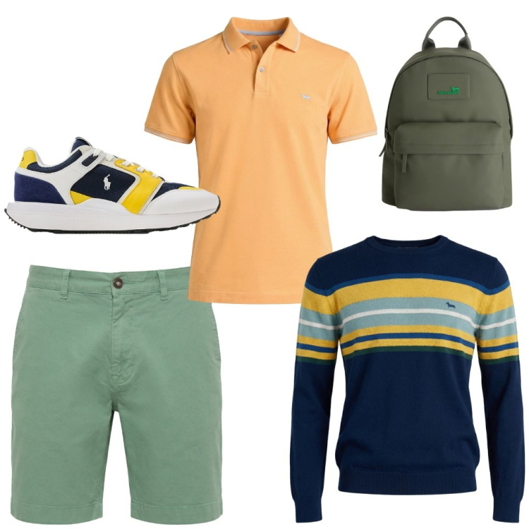 Outfit uomo - 20. Gita fuori porta. Stile Urban per Tutti i giorni. Abbinamento con borse sportive, pullovers, polo, bermuda, sneakers.