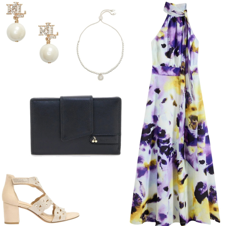 Outfit donna - Abito per cerimonia. Stile Glamour per Cerimonia. Abbinamento con vestiti lunghi, sandali col tacco, orecchini, braccialetti, portafogli.
