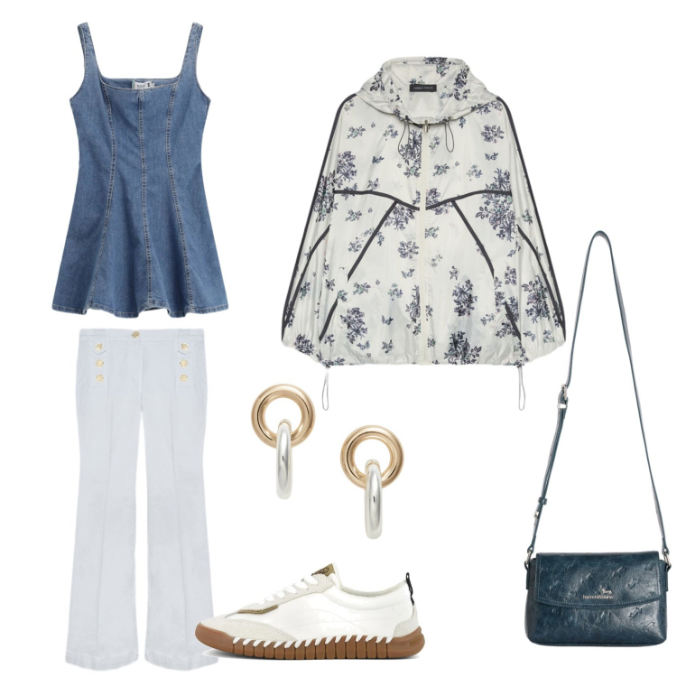 Outfit donna - Domenica di maggio. Stile Casual chic per Tutti i giorni. Abbinamento con jeans, blazer, vestiti corti, borse a tracolla, orecchini, sneakers.