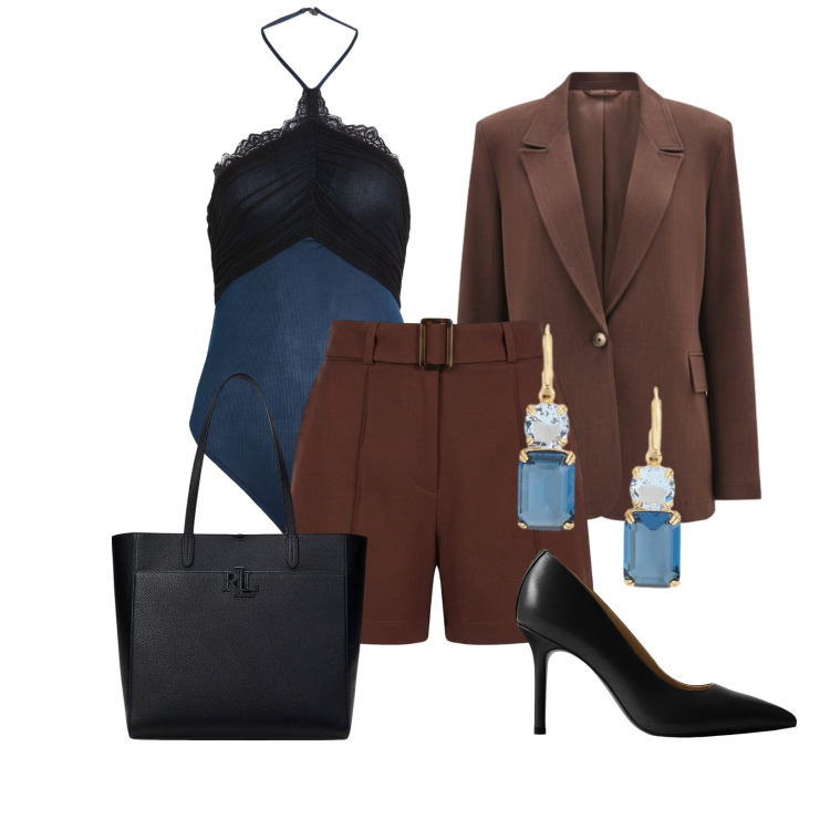 Outfit donna - Total look #2393683. Stile Chic per Serata fuori. Abbinamento con body, blazer, shorts, borse tote, décolleté, orecchini.