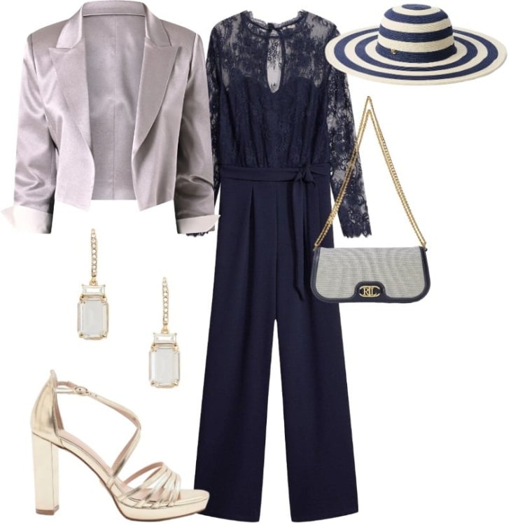Outfit donna - Cerimonia formale ma moderna. Stile Chic per Cerimonia. Abbinamento con tute, bolero, sandali col tacco, borse a spalla, orecchini, cappelli.