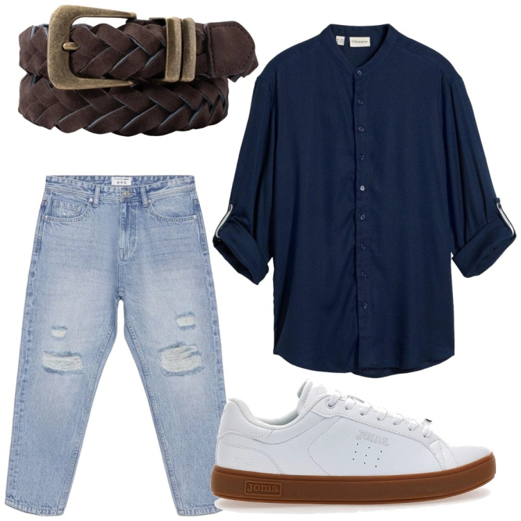 Outfit uomo - Tempo libero in citta. Stile Casual per Tutti i giorni. Abbinamento con camicie, jeans strappati, cinture, sneakers.