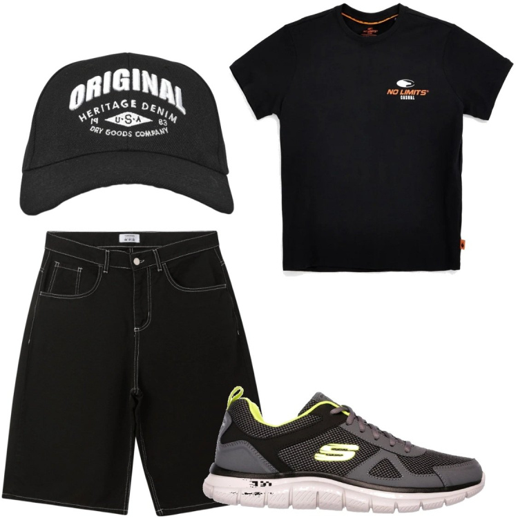 Outfit uomo - Caldo di maggio. Stile Trendy per Tutti i giorni. Abbinamento con bermuda, cappelli con visiera, sneakers, t-shirt.