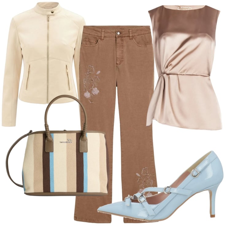 Outfit donna - Passeggiata sul Garda. Stile Casual chic per Tutti i giorni. Abbinamento con décolleté, jeans bootcut, shopping bag, giacche, bluse.