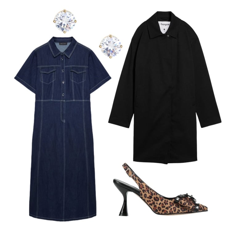 Outfit donna - Denim sorprendentemente raffinato. Stile Trendy per Serata fuori. Abbinamento con décolleté, trench, vestiti chemisier, orecchini.