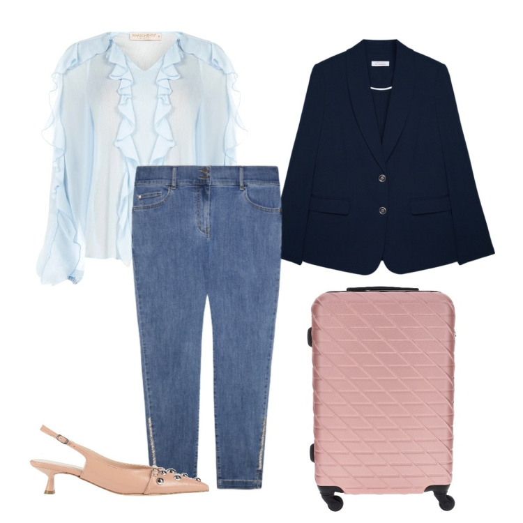 Outfit donna - Denim chic - @Laloba. Stile Casual chic per Tutti i giorni. Abbinamento con décolleté, bluse, blazer, jeans skinny, valigie.