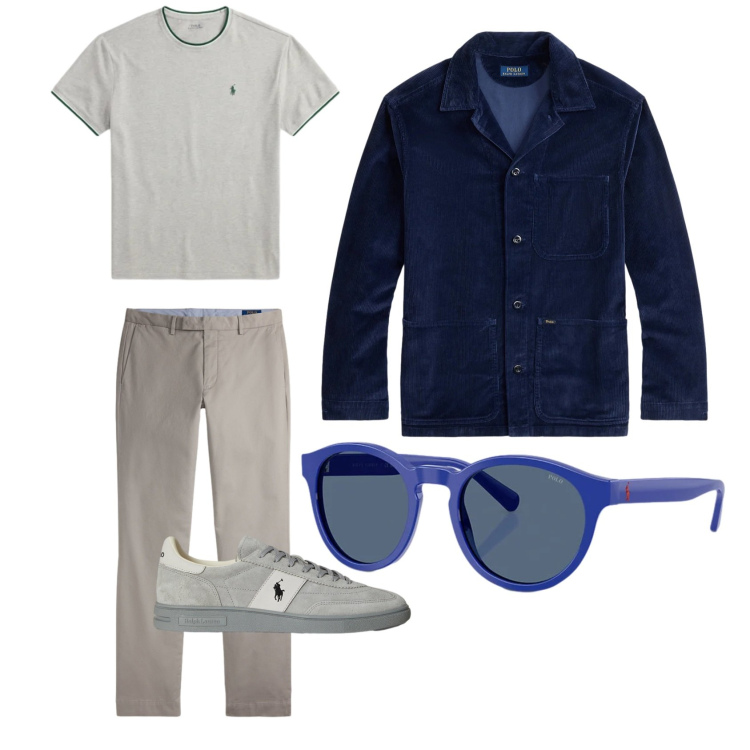 Outfit uomo - Riunione informale. Stile Casual per Ufficio. Abbinamento con occhiali da sole, giacche, sneakers, t-shirt, pantaloni.