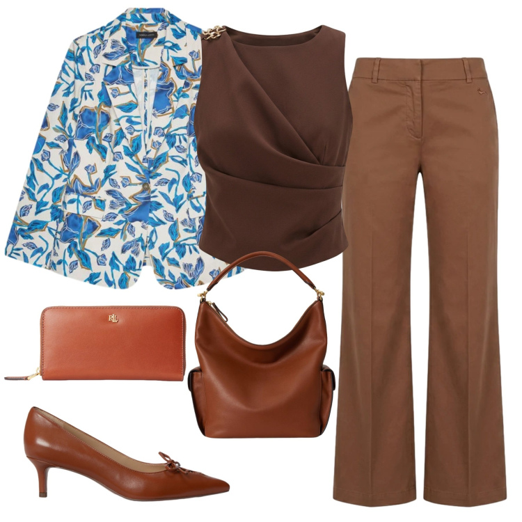 Outfit donna - In ufficio. Stile Chic per Ufficio. Abbinamento con blazer, pantaloni, top, portafogli, décolleté, borse a spalla.