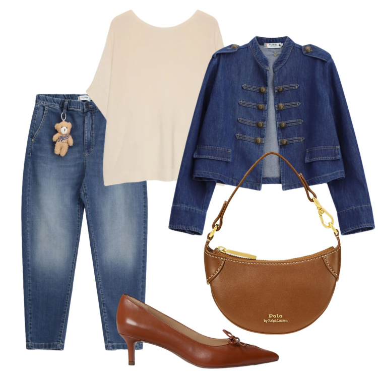 Outfit donna - A passeggio. Stile Casual chic per Ufficio. Abbinamento con t-shirt, jeans, blazer, borse a tracolla, décolleté.