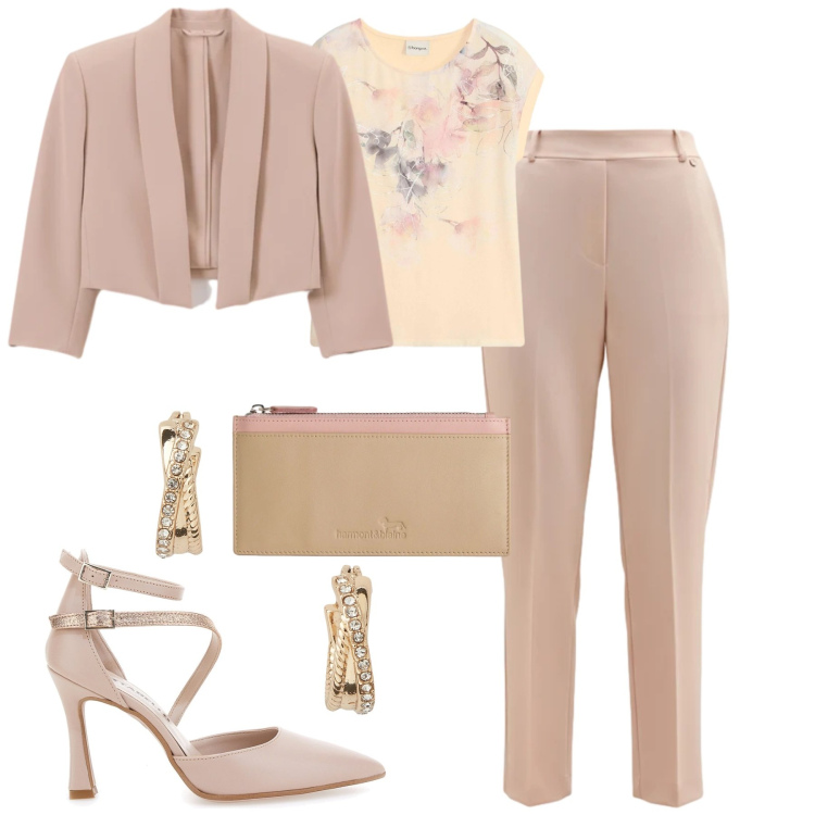 Outfit donna - Maggio. Stile Chic per Tutti i giorni. Abbinamento con t-shirt, portafogli, bolero, pantaloni, orecchini, décolleté.