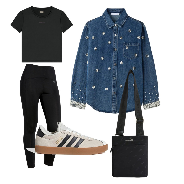 Outfit donna - Sportiva con un tocco brillante. Stile Sporty chic per Tutti i giorni. Abbinamento con camicie, borse a tracolla, leggings, t-shirt, sneakers.