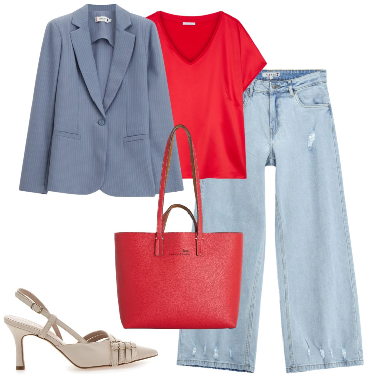 Outfit donna - City. Stile Urban per Tutti i giorni. Abbinamento con t-shirt, blazer, jeans, shopping bag, décolleté.