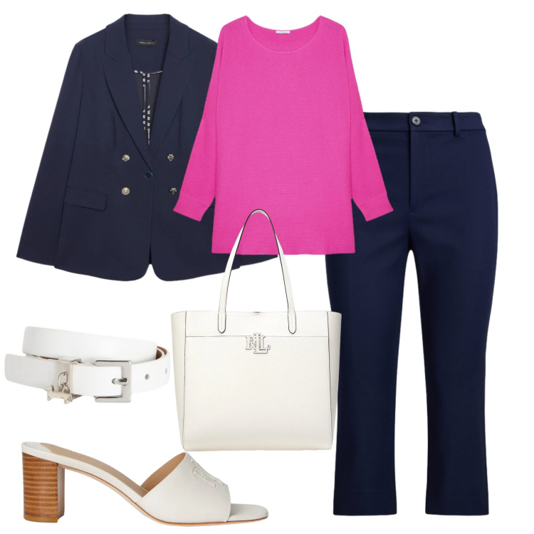 Outfit donna - In ufficio. Stile Chic per Ufficio. Abbinamento con blazer, t-shirt, cinture, borse tote, sandali in pelle, pantaloni.