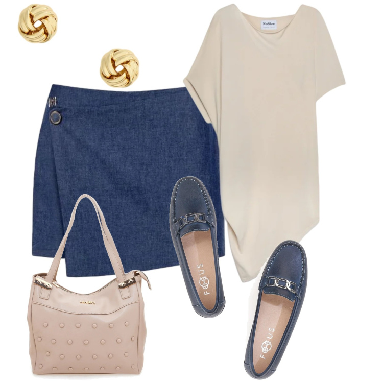 Outfit donna - City. Stile Minimal per Tutti i giorni. Abbinamento con maglieria, minigonne, orecchini, mocassini, shopping bag.