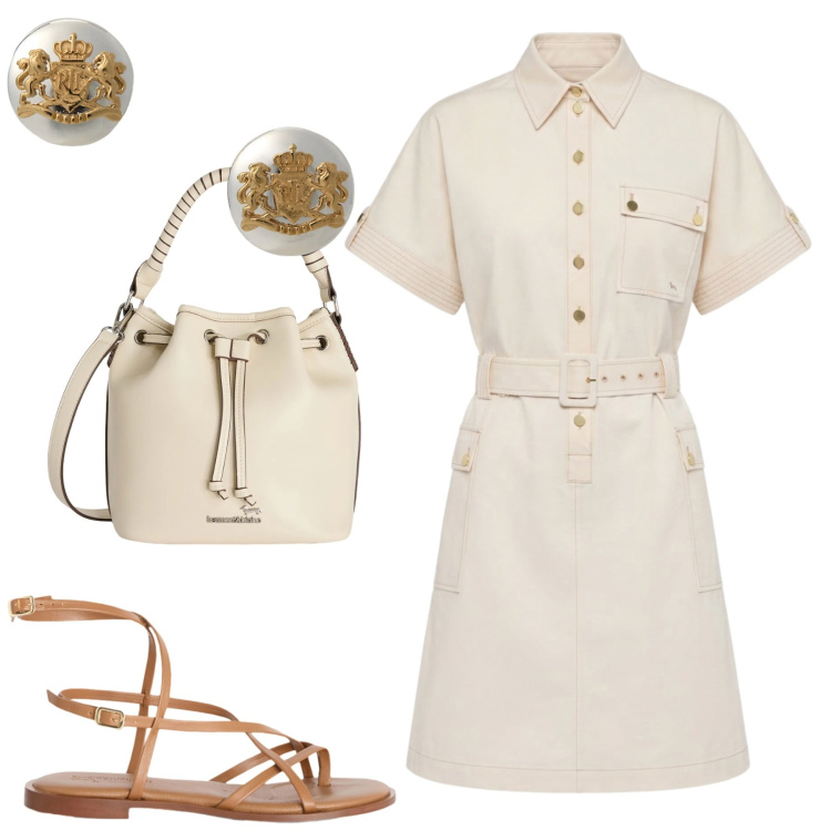 Outfit donna - City. Stile Minimal per Tutti i giorni. Abbinamento con borse a secchiello, sandali in pelle, vestiti chemisier, orecchini.