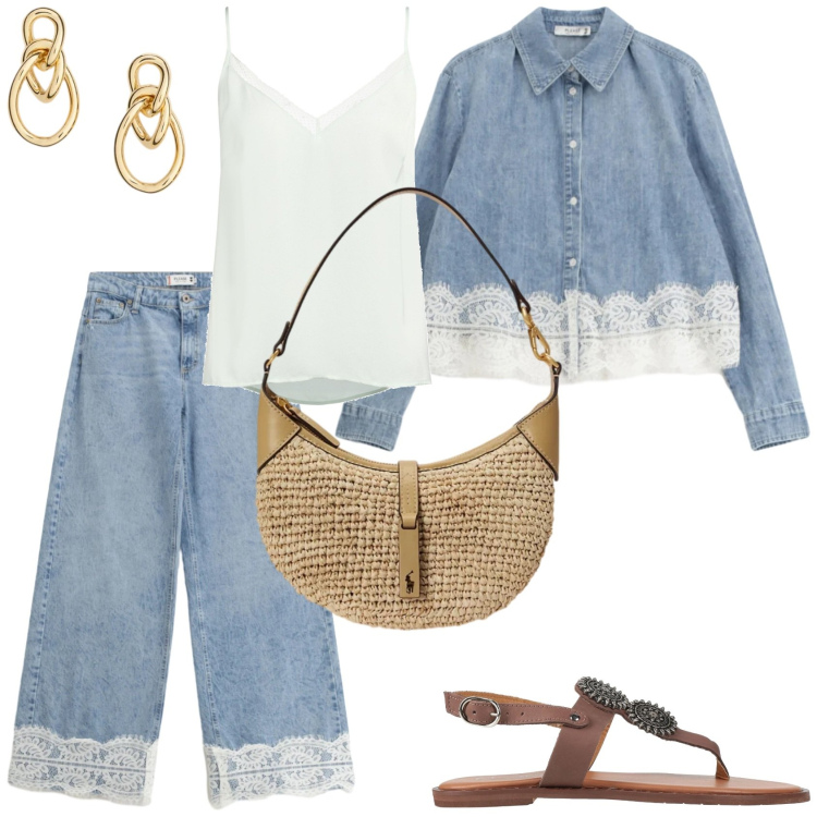Outfit donna - I dettagli in pizzo. Stile Casual per Tutti i giorni. Abbinamento con top, infradito, jeans, camicie, orecchini, borse a spalla.