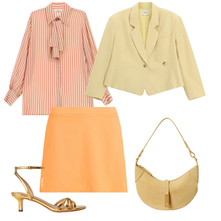 Outfit donna - Total look #2393714. Stile Casual chic per Ufficio. Abbinamento con camicie, blazer, minigonne, sandali in pelle, borse a spalla.