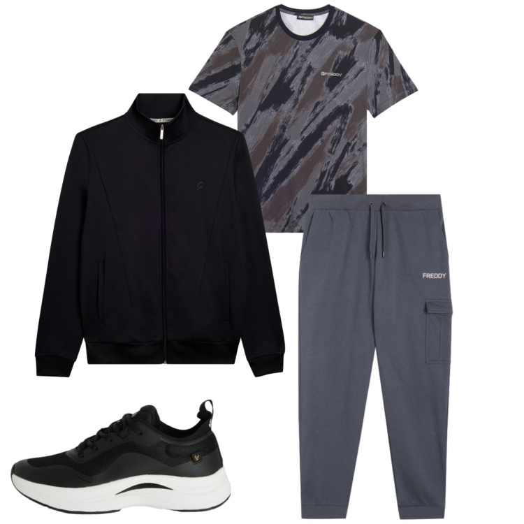 Outfit uomo - Total look #2393717. Stile Trendy per Sport. Abbinamento con sneakers, pantaloni cargo, bomber, t-shirt.
