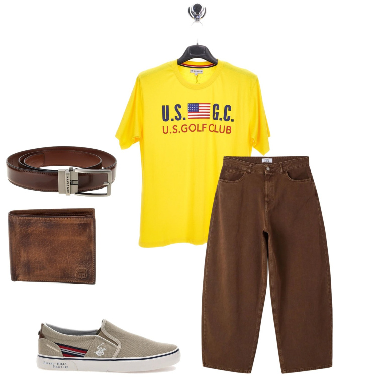 Outfit uomo - Total look #2393719. Stile Trendy per Tutti i giorni. Abbinamento con jeans dritti, t-shirt, cinture, scarpe stringate, portafogli.