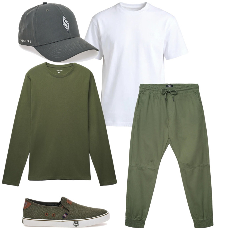 Outfit uomo - Total look #2393720. Stile Trendy per Sport. Abbinamento con t-shirt, pantaloni, t-shirt, cappelli con visiera, scarpe stringate.