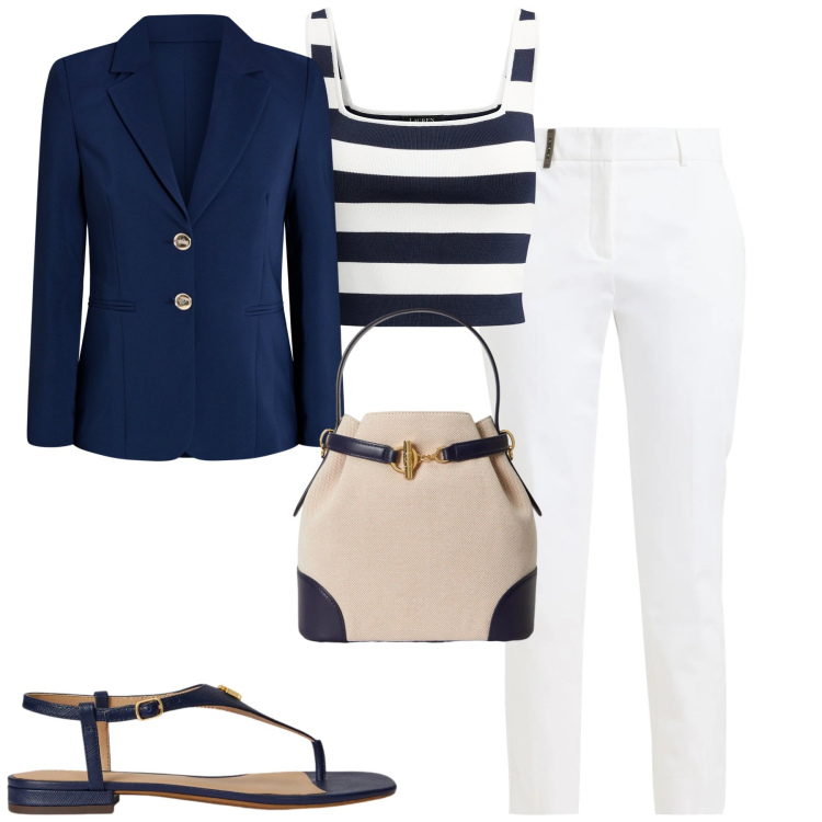 Outfit donna - Weekend. Stile Casual chic per Tutti i giorni. Abbinamento con pantaloni, blazer, top, borse a secchiello, sandali in pelle.