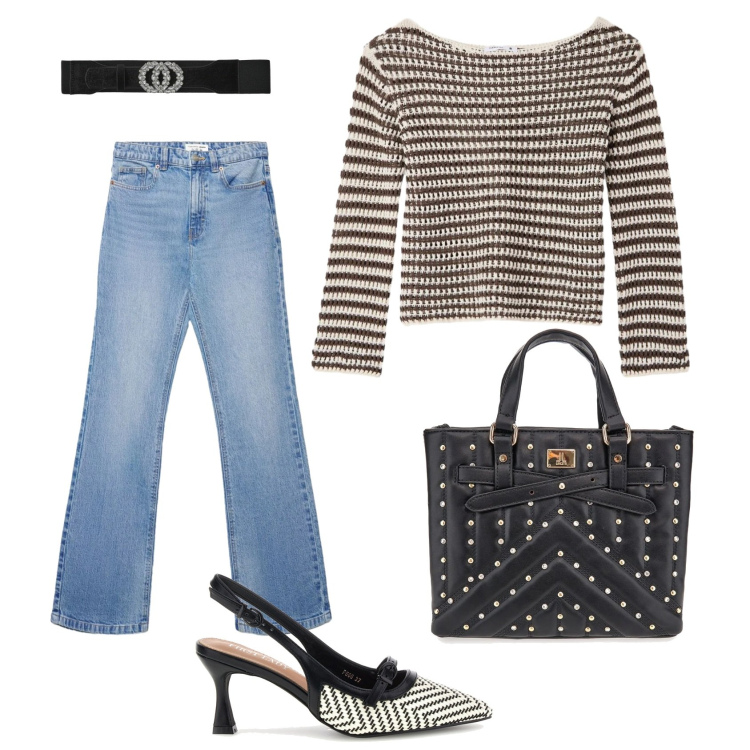 Outfit donna - Total look #2393723. Stile Casual chic per Ufficio. Abbinamento con maglieria, cinture, jeans bootcut, borse a mano, décolleté.