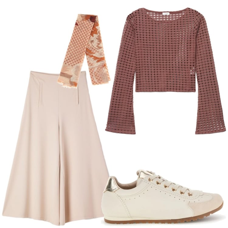 Outfit donna - Lunedì di corsa. Stile Casual chic per Ufficio. Abbinamento con pantaloni, maglieria, sneakers, foulard.