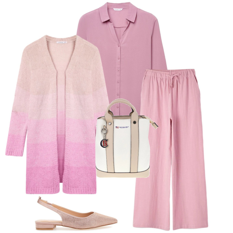 Outfit donna - Total look #2393726. Stile Casual chic per Ufficio. Abbinamento con camicie, cardigans, pantaloni, ballerine, zaini.