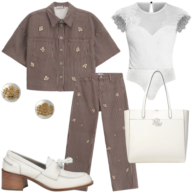 Outfit donna - I dettagli gioiello del completo. Stile Trendy per Serata fuori. Abbinamento con mocassini, pantaloni a palazzo, camicie a manica corta, top, orecchini, borse tote.