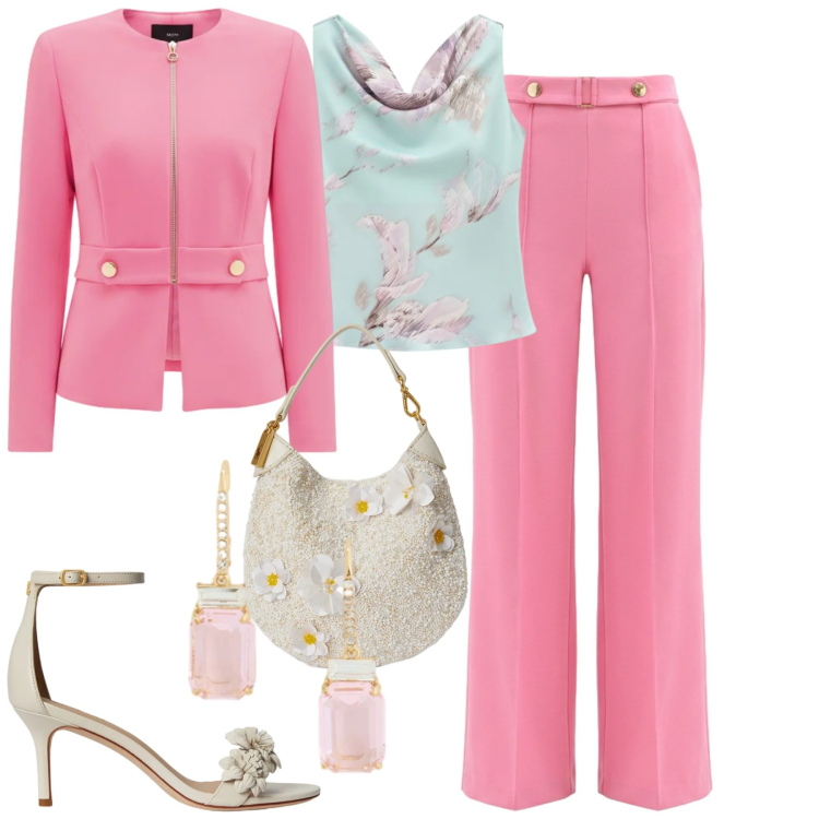 Outfit donna - Cerimonia. Stile Chic per Cerimonia. Abbinamento con pantaloni a palazzo, blazer, top, sandali in pelle, pochette, orecchini.