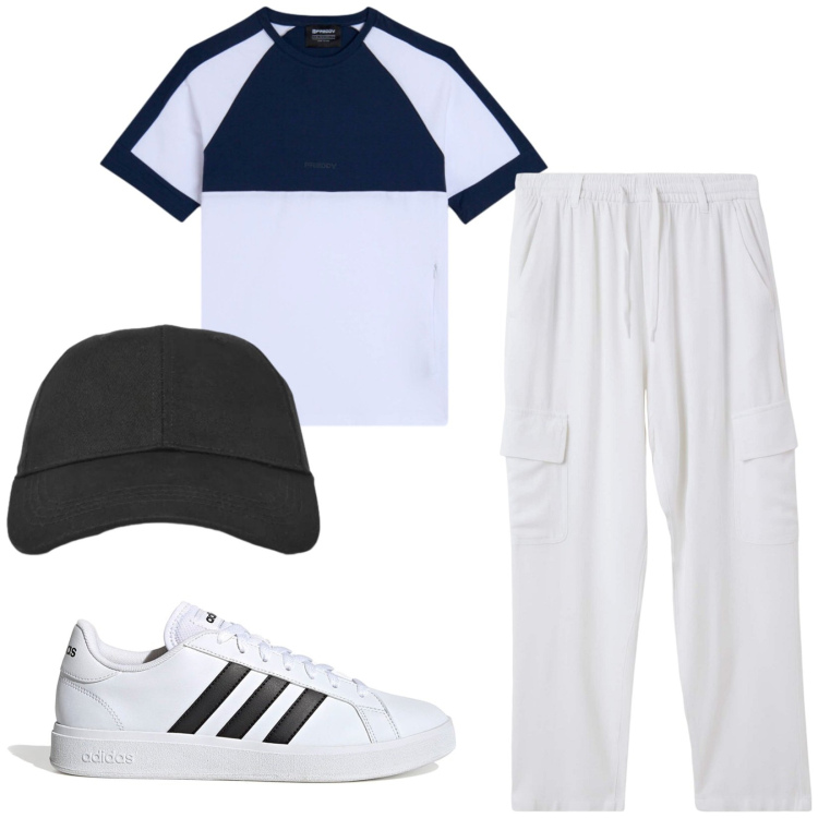 Outfit uomo - Total look #2393733. Stile Urban per Sport. Abbinamento con pantaloni cargo, cappelli con visiera, t-shirt, sneakers.