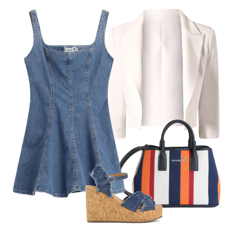 Outfit donna - Total look #2393734. Stile Casual chic per Tutti i giorni. Abbinamento con vestiti corti, shopping bag, blazer, zeppe.