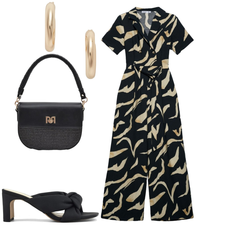 Outfit donna - Jumpsuit. Stile Urban per Tutti i giorni. Abbinamento con tute, borse a spalla, orecchini, sandali col tacco.