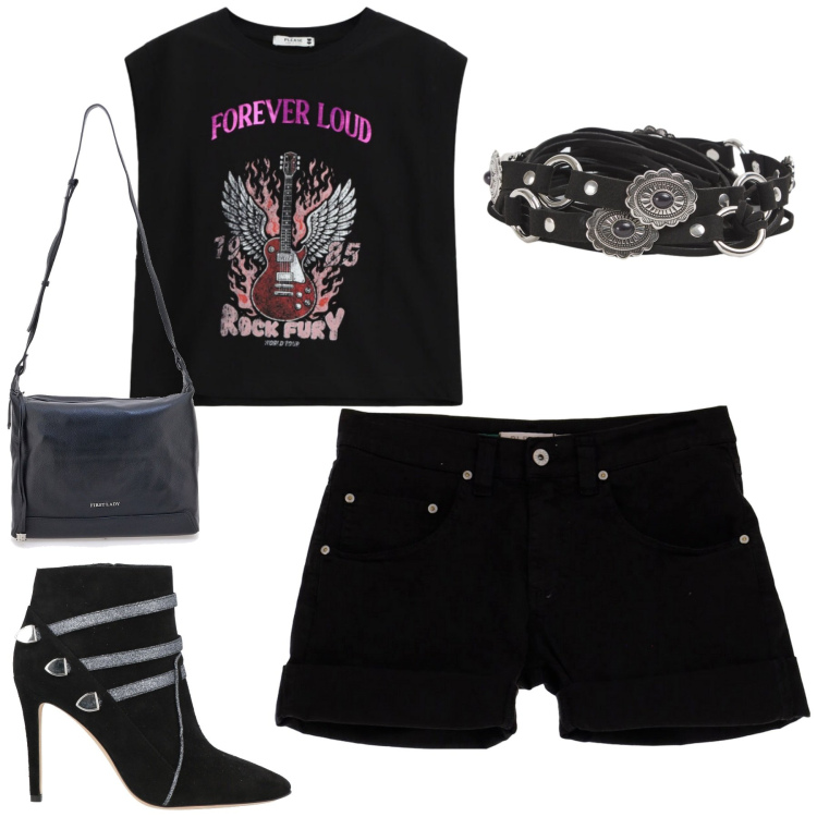 Outfit donna - Rock. Stile Rock per Tutti i giorni. Abbinamento con stivaletti, cinture, shorts, top, borse a tracolla.