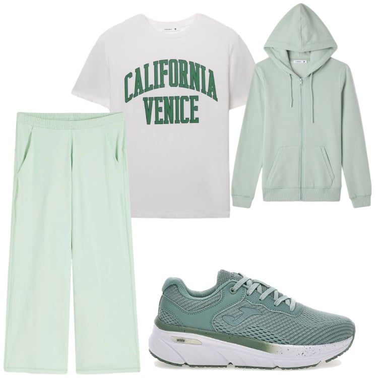 Outfit donna - Il Co-ord Menta per il Tempo Libero". Stile Sporty chic per Sport. Abbinamento con pantaloni sportivi, felpe con cappuccio, t-shirt sportive, scarpe sportive.