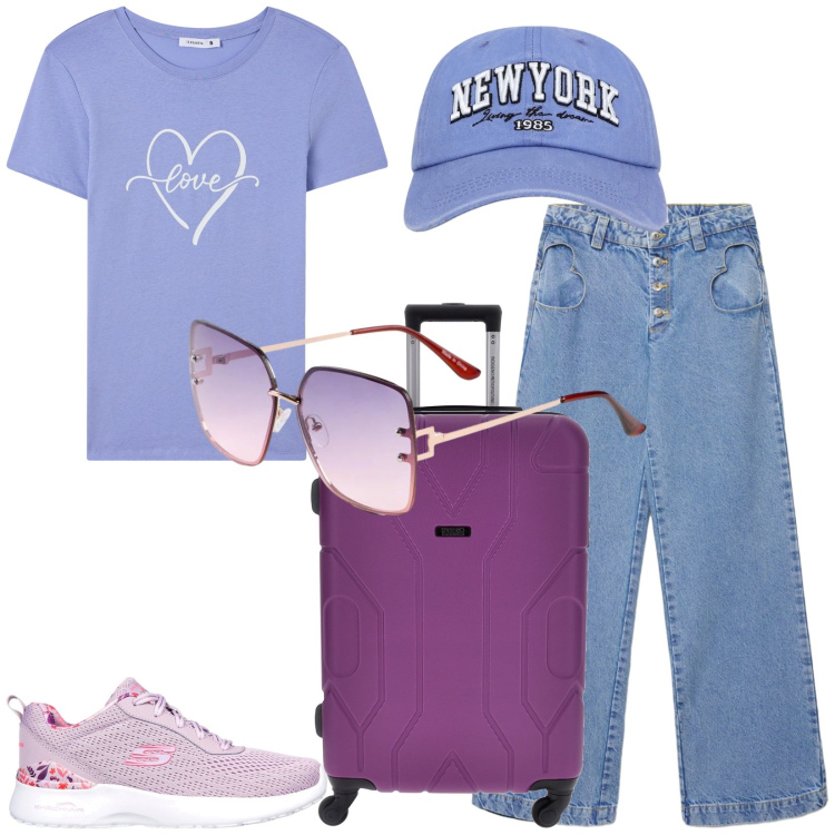 Outfit donna - Total look #2393752. Stile Casual per Tutti i giorni. Abbinamento con occhiali da sole, t-shirt, cappelli, jeans, sneakers, valigie.