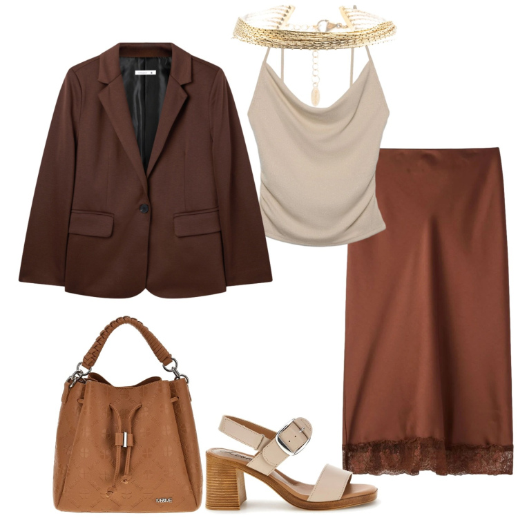 Outfit donna - Total look #2393758. Stile Chic per Serata fuori. Abbinamento con blazer, gonne longuette, canottiere, braccialetti, borse a tracolla, sandali col tacco.